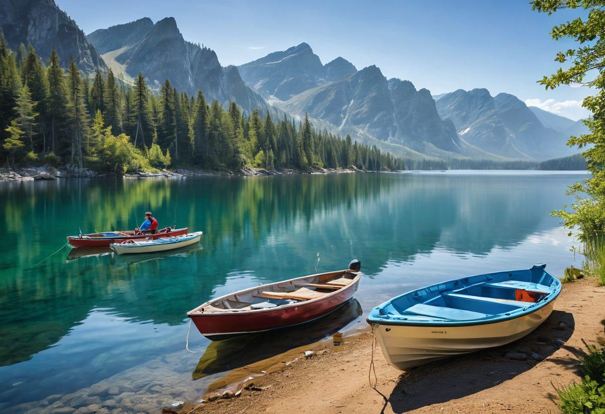 A serene lakeside scene featuring a variety of boats, illustrating adventure and exploration. Display a confident boat owner checking insurance documents while with a diverse group of friends preparing for a day out on the water. Incorporate elements like safety gear, a calm blue sky, and distant mountains to evoke a sense of safety and enjoyment. Style the image with vibrant colors and a slightly dreamy effect. super-realistic. vibrant colors.