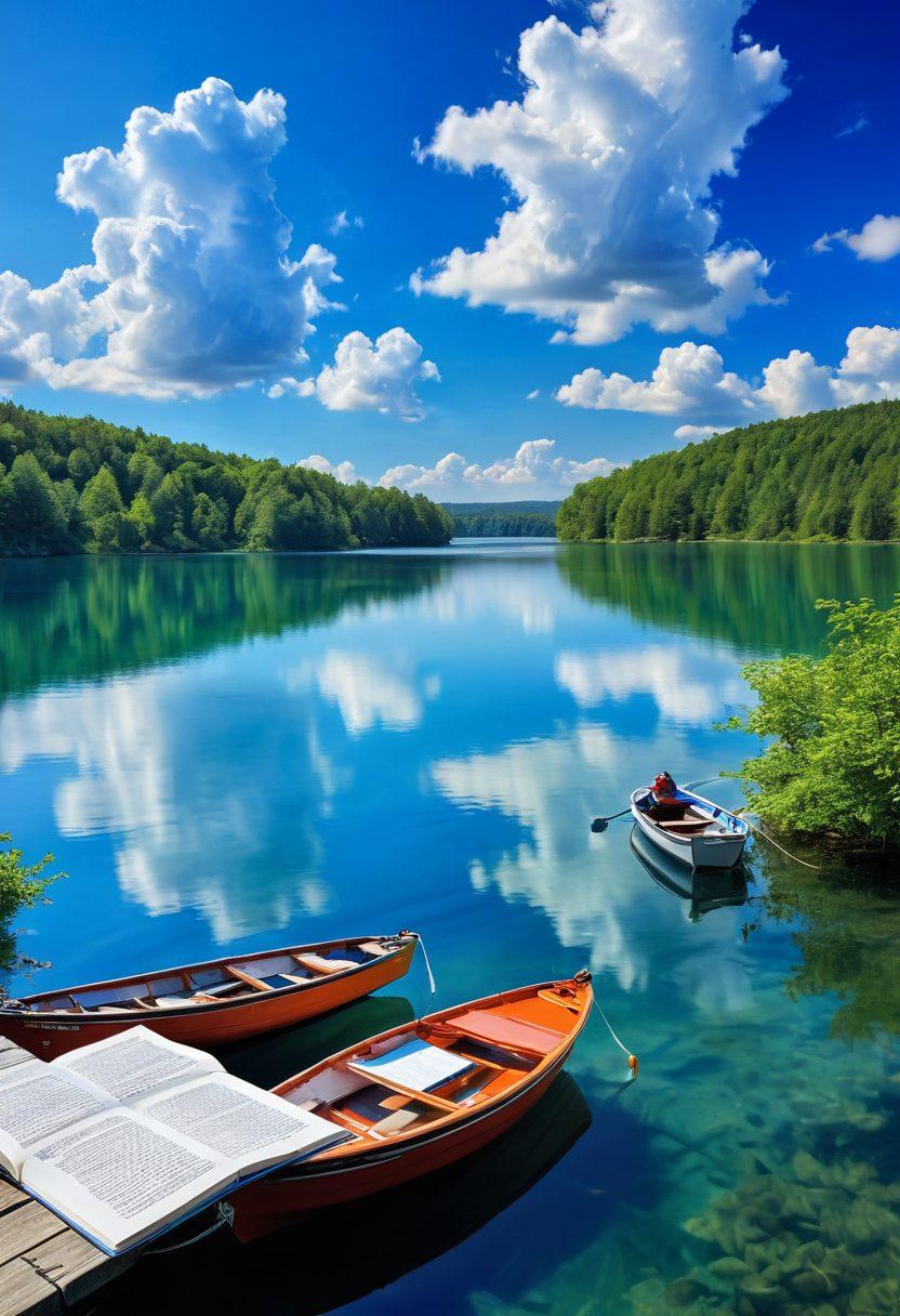 A serene scene showing various boats on a crystal-clear lake, with a backdrop of a bright blue sky and fluffy white clouds. Include an open book with illustrations of different boat insurance options, floating on the water next to a friendly boat captain reviewing a protection plan. The atmosphere conveys a sense of safety and adventure. vibrant colors. super-realistic.