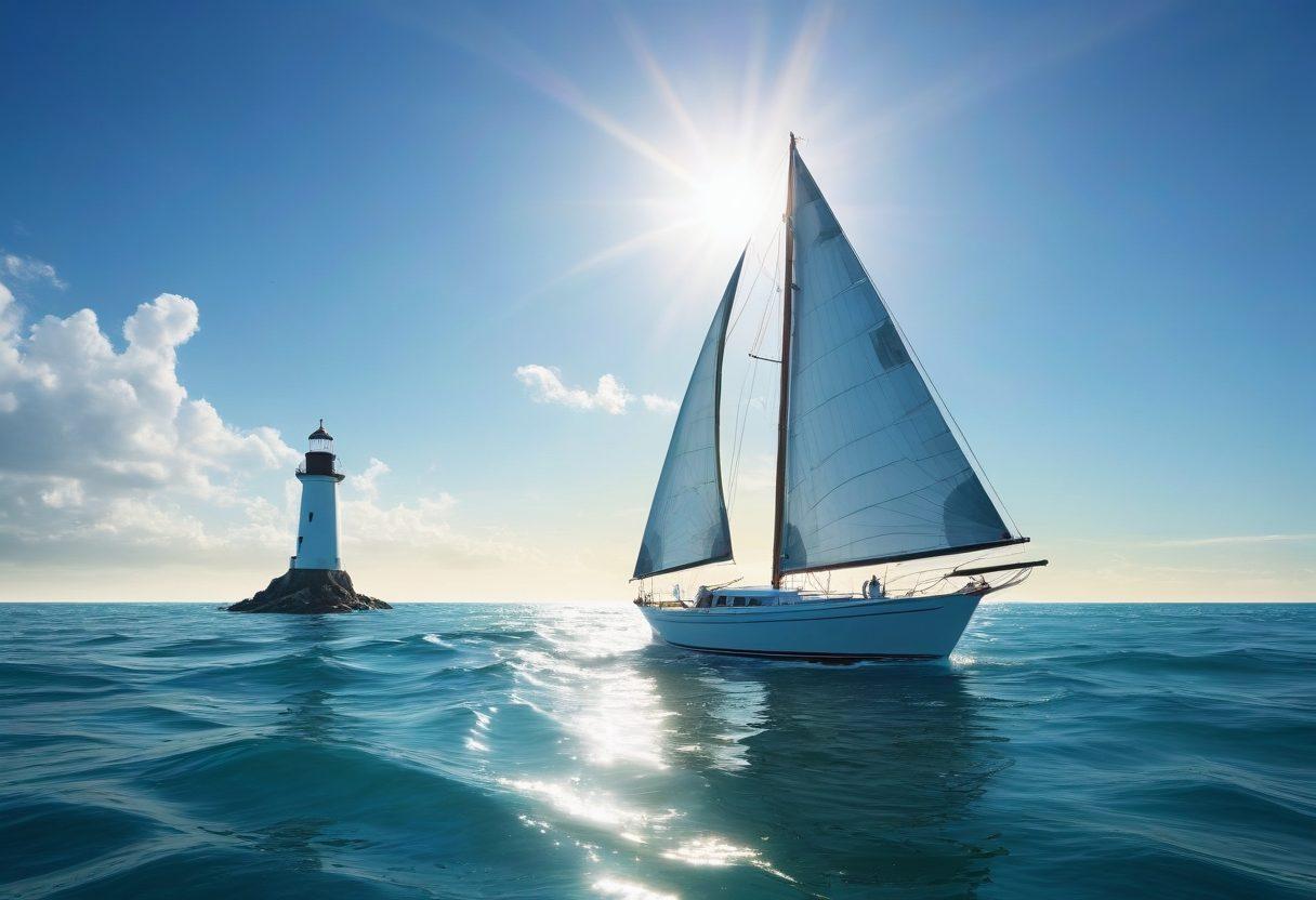 A scenic vista of a sailboat gracefully gliding over calm, azure waters, adorned with vivid marine life below and protective gear strategically placed on the boat. Include a lighthouse in the background, symbolizing guidance and safety. The sunlight sparkles reflectively on the waves, accentuating a sense of tranquility and protection in marine adventures. super-realistic. vibrant colors. 3D.